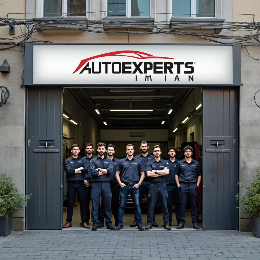 Officina AutoExperts Milano con il team di meccanici all'entrata